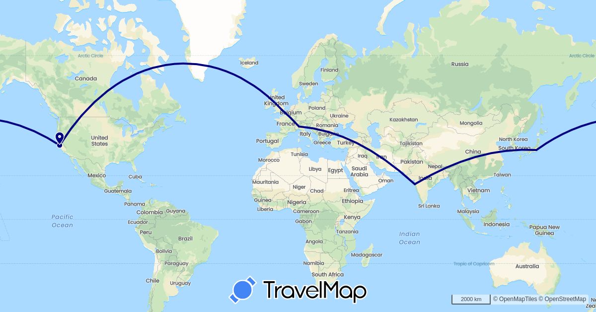 TravelMap itinerary: driving in United Kingdom, India, Italy, Japan, United States (Asia, Europe, North America)